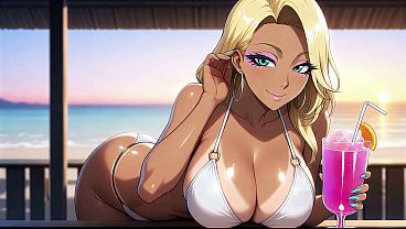 Tanned Gyaru Anime Babe Sunbathing in Beach Cabana